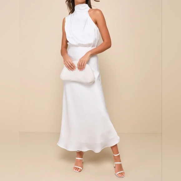 Lulus Distinctive Charm White Satin Asymmetrical Midi Dress, Size Medium - Picture 1 of 10